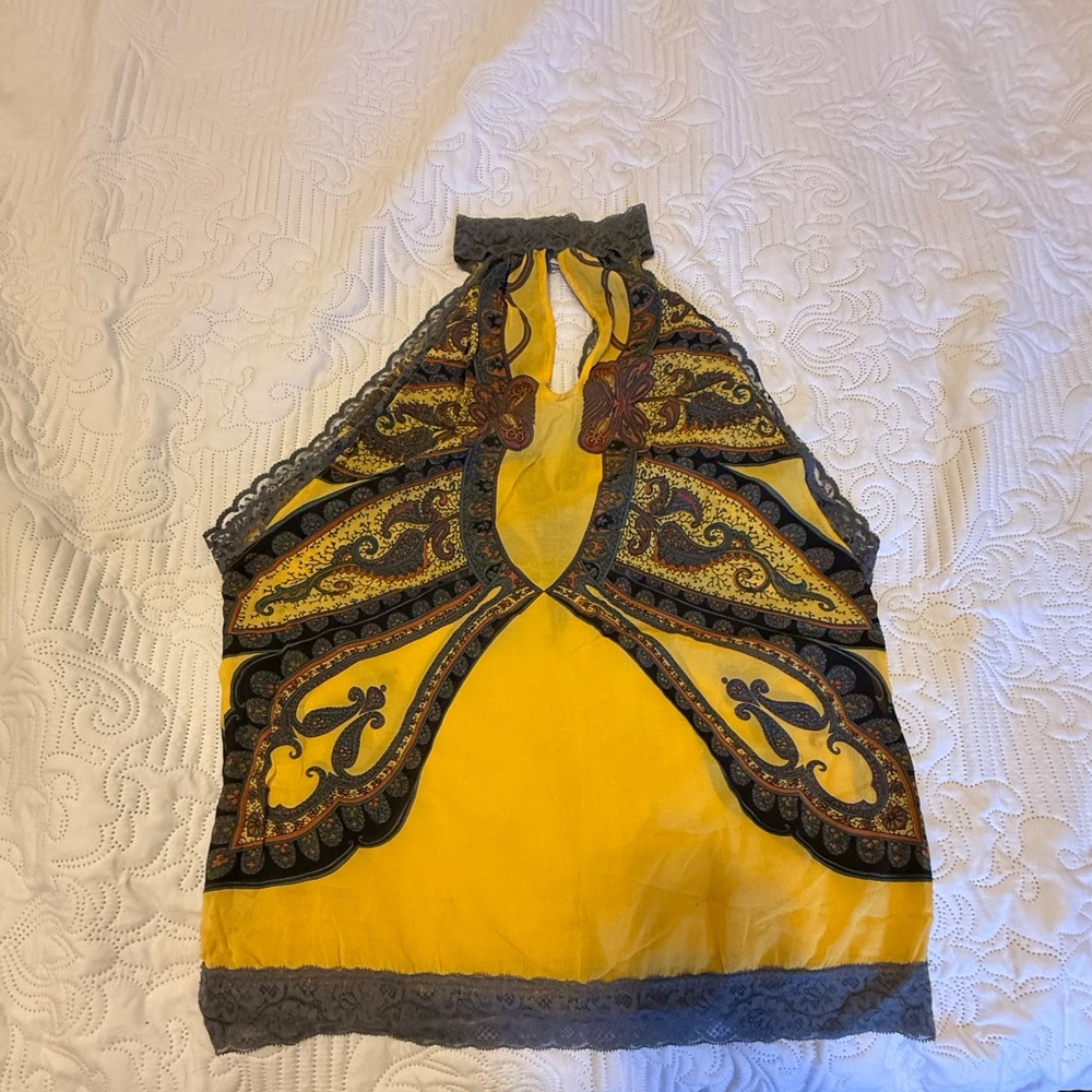 Free People Yellow and Gray Patterned Blouse